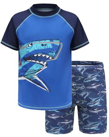 Trsenvrml Boys Swim Set Kids Swimming Costume Rash Guard Short Sleeve Swim Shirt + Swim Trunks Shorts Bathing Suit (Shark, 13-14T)