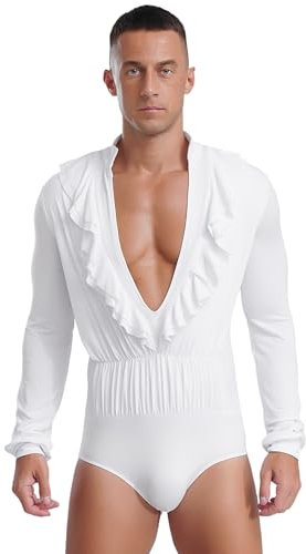 Runhomal Herren Tanz-Body Bodysuit V-Ausschnitt Gymnastikbody Ballsaal Samba Latein Body mit Rüschen Langarm Performance Tanzkostüm Weiß 3XL