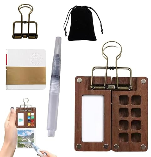 Pocket Artist Watercolour Travel Set, 8 Grids Wooden Portable Mini Watercolour Paint Set With Metal Clip, Watercolor Pen, Mini Sketchbook Gift For Painters And Artists