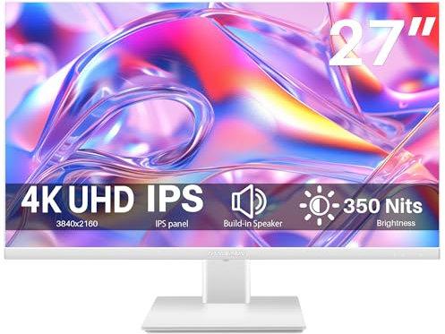 Thinlerain 27 Zoll Monitor 4K UHD (3840x2160) IPS LED Bildschirm Computer Display AMD FreeSync, 100% sRGB, Eingebaute Lautsprecher, 2X HDMI, 1x DisplayPort, 60hz, 4ms, Weiß