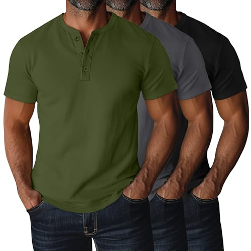 Ficerd Confezione da 3 Magliette Henley Uomo Taglie Forti Maniche Corte Plus Size Ampie Casual Basiche Oversized(4XL,Nero, Grigio Scuro, Verde Militare)