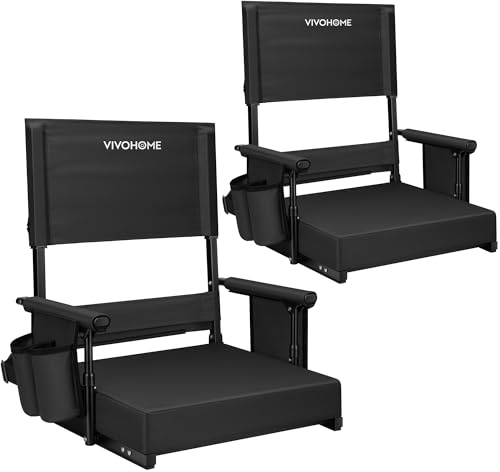 VIVOHOME Asientos de Estadio Plegables con Soporte para la Espalda, Sillas de Grada con Respaldo Alto Ajustable, Cojín Acolchados Portátiles con Portavasos y Correa para el Hombro Negro