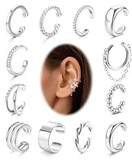 FUNRUN JEWELRY 12 Pcs Ear Cuffs Non Piercing for Women Silver
