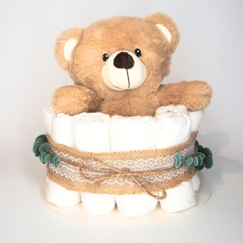 MilaBoo® Windeltorte Boho Style Junge & Mädchen I Geschenk zur Geburt mit Hipp Windeln Gr. 2, 20 cm Teddy, Eukalyptus, Jute & Karte „Hello Baby“ I Babygeschenk handmade (Boho Teddy 20 cm)