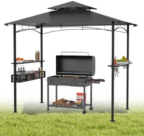 Gazebo da giardino con tetto a doppio strato, 245 x 153 x 250 cm, impermeabile, ignifugo, con base di spazio, tenda da giardino per feste, barbecue, grigio