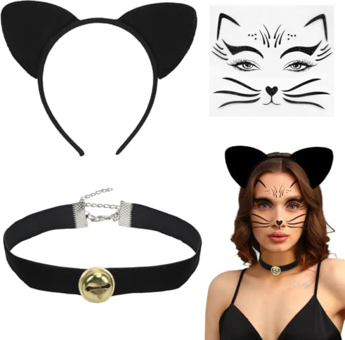 Meleager Serre Tete Oreille de Chat avec Collier et Tatouage Visage, Bandeaux Noir Femme et Enfant, Accessoires de Costume Chat Noir pour Halloween, Carnaval