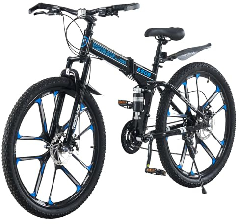 BSTSEL 27.5 inch Folding Mountain Bike 21 Speed Front Suspension Mountain Bike Double Disc Brake Bicycle 3-Spoke 10-Spoke Wheels for Unisex Adult Mens Bike (10-Spoke Wheel, Black&Blue)