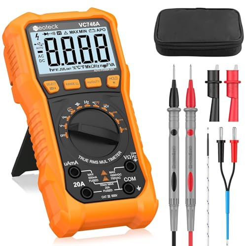 Neoteck Multimetro Digital 6000 Cuentas Polímetro Tester Electricista con Advertencia del Símbolo de Alto Voltaje para Voltaje/Corriente AC/DC Resistencia Capacitancia NCV LIVE Temperatura-Naranja