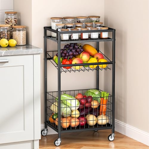 Kssiaz Carro de Cocina con Cesta de Fruta, Carro de Almacenaje 3 Niveles con Ruedas, Carrito para Aperitivos con Tapa de Madera, Organizador de Despensa para Fruta, Verdura y Aperitivos, Negro