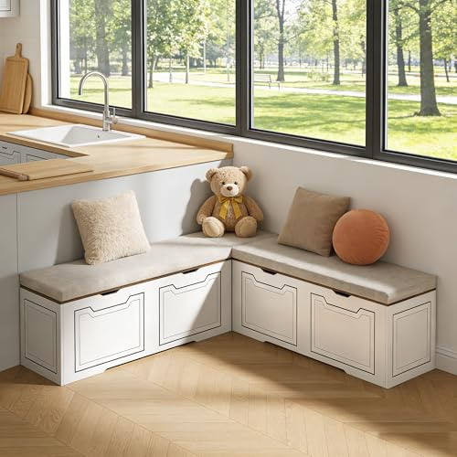 Znnam L Shaped Corner Bench with Storage, Breakfast Nook Bench, 63 L-Shaped Kitchen Nook Seating, Hidden Flip-Top Storage Compartments for Entryway, Dining Room, Hallway, Cloakroom, w/Grey Cushion
