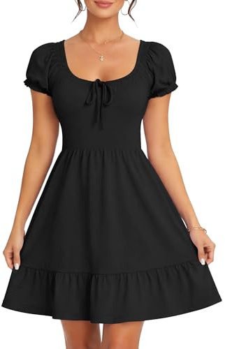 AUSELILY Women Summer Dress Puff Sleeves Ladies Dress Casual with Pocket | Dresses for Women Elastic Waist Minidress Casual Knee-Length Short Elegant Printed Lightweight Stretchable U-Neck Dresses