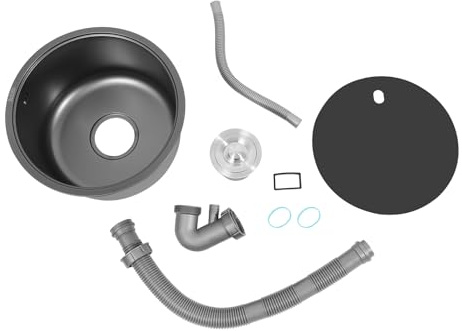 Rund diskbänk i rostfritt stål, 304 rostfritt stål nano diskho, svart inbyggd diskbänk Ø 36 cm, för litet kök/husbil/bar, med lock och avlopp
