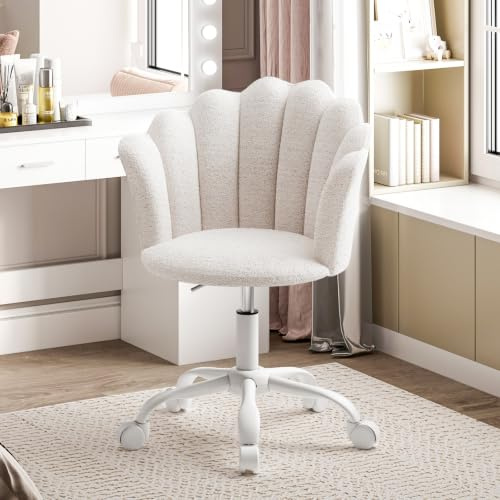 Vanity Chair with Wheels, Fabric Swivel Desk Chair with Petal Back Support