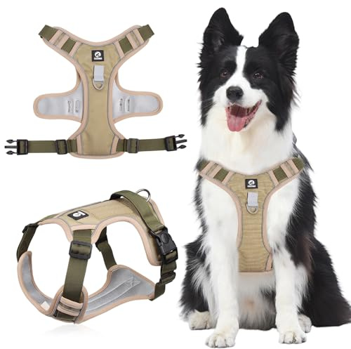 JSTHHTT Arnes Perro, Arnes Perro Mediano, Perro Arnés Pecho Antitirones, Transpirable con Cinta Reflectante, FáCil Control, Mediano Ajustable, Caqui, L