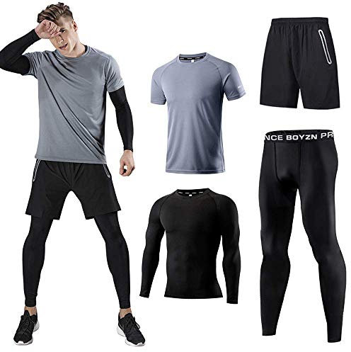Kompressionsanzug Herrenanzug Trainingsanzug 4-teiliges Herren atmungsaktives Sportswear Laufanzug Kurzarmhemd Kompressionshemden Halbhose Strumpfhose Grau-XL