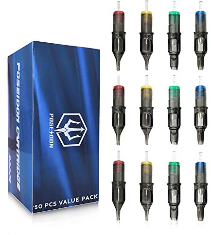 Poseidon Tattoo Cartridge Needles 50Pcs Assorted Mixed Size Round Liner Shader Magnum Curved/Round Mag 5rl 7rl 9rl 5rs 7rs 9rs 15m1 21m1 15cm 21cm Disposable Membrane Tattoo Needles