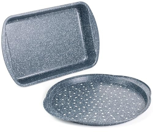 Russell Hobbs COMBO-5440 Pizza Roasting Tin Set, Non-Stick Oven Trays, Perforated Baking Pan with Deep Roaster, Carbon Steel, 2 Piece, Nightfall Stone Collection, Blue Marble, 37/38 cm