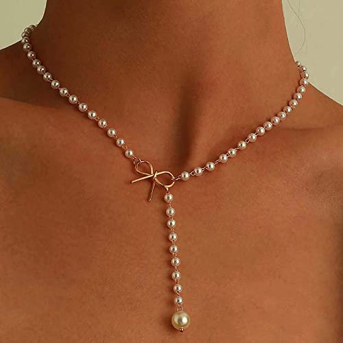 Atentuyi Boho Perlenkette Perle Y Lariat Halskette Winzige Perle Chokerhalskette Perlenanhänger Halsketten Goldschleife Halskette Schmuck für Frauen Mädchen und Bräute Hochzeit