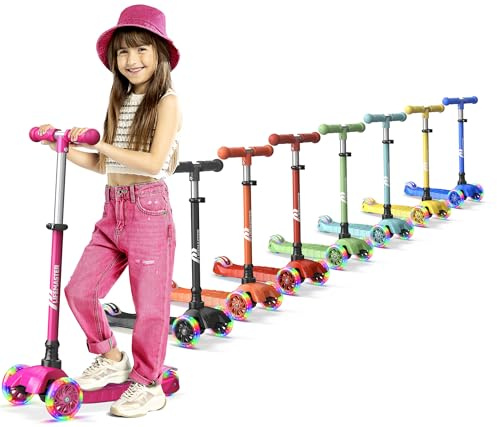 Lifemaster Kids Scooter β Children and Toddler 3 Wheel Kick Scooter β LED Wheel Lights Illuminate When Rollingβ Adjustable Handlebar β Indoor and Outdoor Pink
