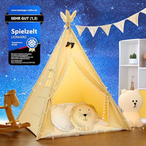 LIONHERZ® DAS ORIGINAL Tipi Zelt für Kinder aus 100% Baumwolle mit Matte, Stabilisator, Federdeko, Tasche, Wimpelkette & 2Kissen [Stabil] Spielzelt Kinderzimmer | Indoor Kinderzelt| Tippi (großes Set)