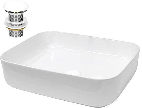 ECD Germany Lavabo da Appoggio con Set di Scarico 505 x 395 x 135 mm Ceramica Bianca Rettangolare Lavandino Senza Troppopieno con Fori di Dimensioni Standard Lavamano da Bagno con Piletta