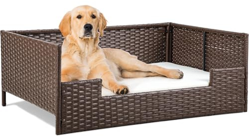 YITAHOME Rattan Dog Sofa Bed with Cushion,Wicker Pet Bed Sofa Couch Indoor Outdoor Waterproof for Large Medium Small Dogs Cats (38.6''L*26.4''W*15''H,Beige)