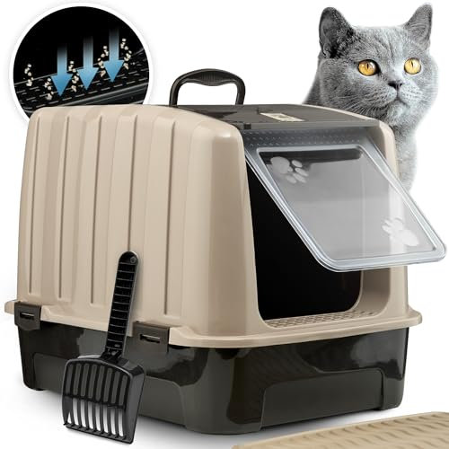 CROPLAS Katzenklo mit Deckel und Aktivkohlefilter, inklusive Katzenklo Matte und Katzenklo Schaufel – Katzentoilette mit Deckel, XXL, geschlossen – Katzenklo zu mit Filter für saubere Katzen, beige