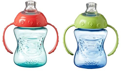 Nuby Grip N Sip – Tasse d’apprentissage avec poignée | Bec souple antifuites | 240ml | Bleu et Vert | + 4 mois | 2 Pack
