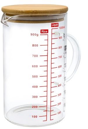 Shodiffy Caraffa Graduata, Bicchiere Graduato 1 Litro con Coperchio in Bambù Scala per Litri Millilitri e Grammi Liquidi Cucina CuocereTrasparente
