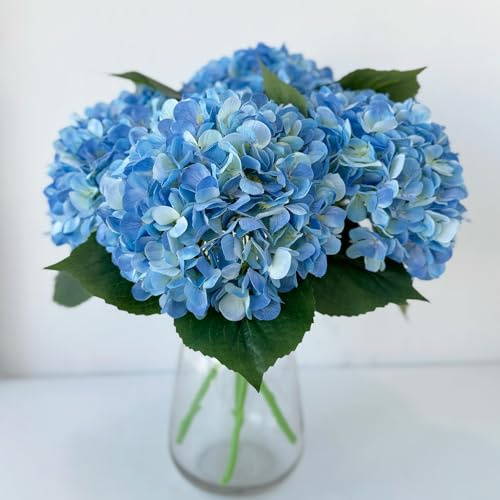 YalzoneMet Lot de 4 fleurs d'hortensia artificielles en soie bleue réalistes de 50,8 cm de long pour maison, fête, intérieur, fête prénatale, extérieur, décoration de table de mariage