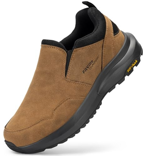 FitVille Zapatillas Sin Cordones Hombre Ancho Casual Mocasines Zapatos Senderismo Antideslizantes Slip-on Walking Sneakers Marrón Duna 43 EU Ancho