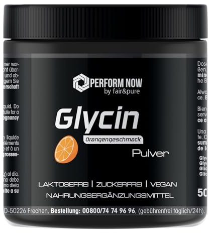 Glycinpulver - 500 g - med apelsinsmak - aminosyra - optimal hög dosering - tysk kvalitetsproduktion | PERFORM NOW by fair&pure