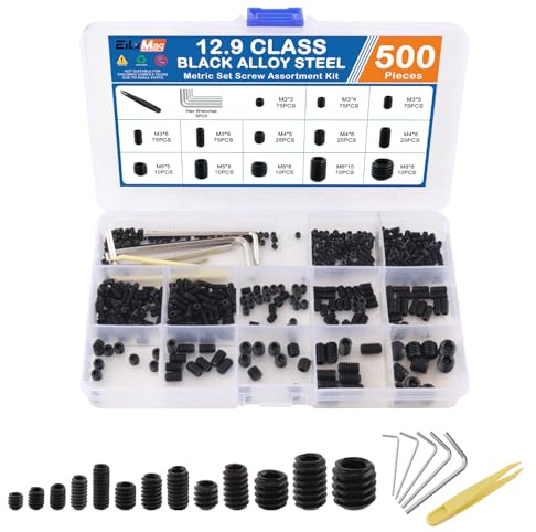 EilxMag 500PCS Set Screws, 13 Sizes Metric Set Screw Assortment Kit, M3, M4, M5, M6, M8 Allen Head Hex Socket Head Grub Screws for Bathroom Fixtures, Alloy Steel Black(5 Wrenches, 1 Tweezer)
