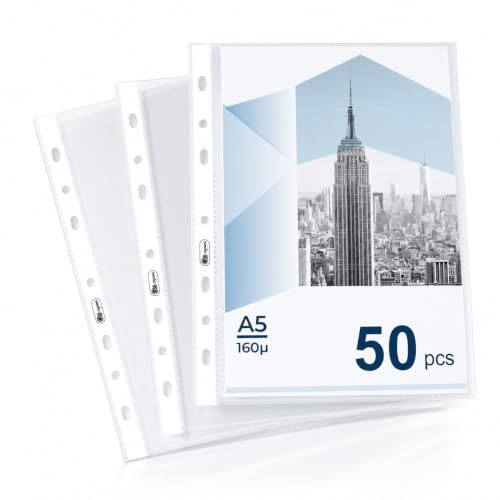 QWORK® 50 Piezas fundas de folio A5, portafolios plástico claras 160 micrones con apertura superior, protectores de documentos para la oficina y la escuela