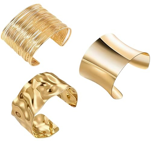 XFSRG Pulseras Mujer Doradas Set 3 Piezas Brazaletes Abiertos Anchos Estilo Minimalista Irregular Joyería de para Fiesta y Uso Diario