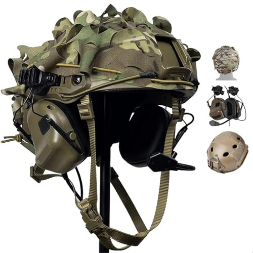 LZAQHMT Set Casco Tattico Airsoft FAST Con Cuffie Comunicazione Fodera Mimetica Per Casco Paintball, Wargame, Cosplay(TAN)