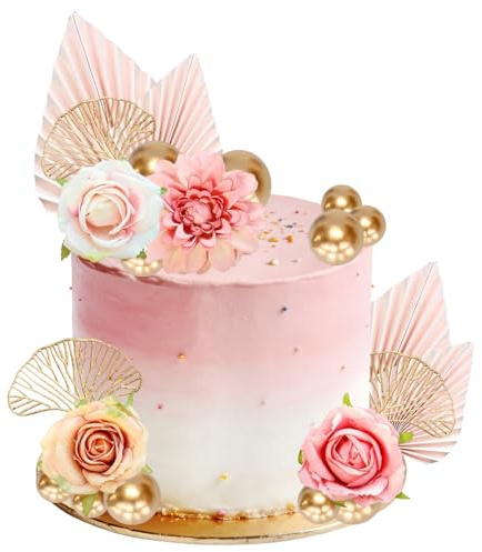 Decoracion Tarta Flores 19 Piezas Boho Decoración Tarta Rosas Nenúfar Hoja de Ginkgo Abanicos Plegables Bolas Decoracion Tartas Flores para Cumpleaños, Bodas, Baby Showers