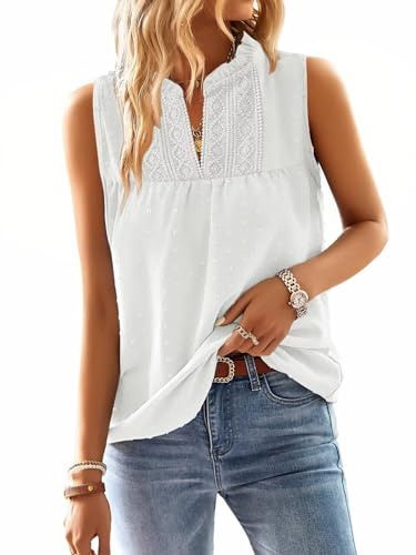 TUUHAW Tank Tops Women Summer Blouses V Neck Bohemian Smocked White L