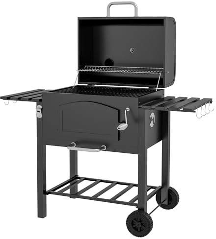 Outsunny Träkolgrill BBQ trädgårdsgrill med lock och hyllor stående grill med rökhyllor varmhållningsplatta transporthjul för trädgårdsfest metall 124 x 66 x 112 cm svart