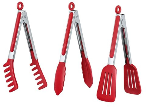 HST 3 Pack Kitchen Tongs, Non Stick Stainless Steel 9 Inch Tongs With Silicone Tip for Cooking BBQ Baking(Red)