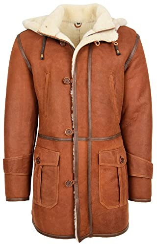 House Of Leather Mens Real Sheepskin Duffle Hooded Coat 3/4 Length Shearling Vincent