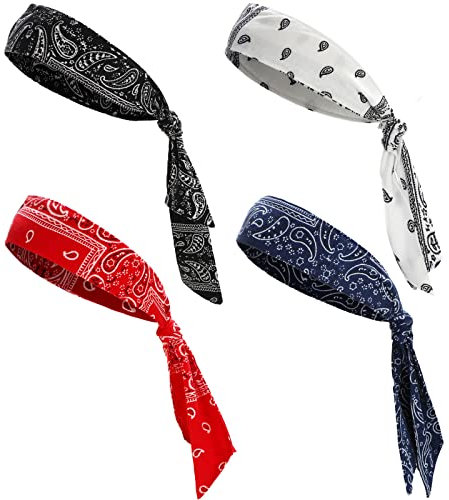 4 Stück Krawatten-Stirnbänder für Herren und Damen, Sport-Haarband, Bandana, Stirnband, elastisch, schweißableitend, Karate-Stirnband, verstellbar, rutschfest, Bandanas für Yoga, Workout (Retro-Stil)