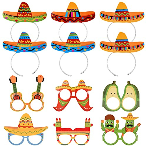 6 Piezas Sombrero Diadema Fiesta y 6 Piezas Máscara de Gafas de Fiesta, Diadema Mexicana Dnteojos de Fiesta de Papel de Lujo Vasos Fiesta Mexicana Suministros de Accesorios para Fotos