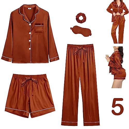 Y WJing Yi Jia Ensemble de pyjama long en satin de soie pour femme 5 pièces avec boutons, Érable., XXL