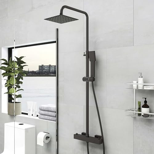 Huibathroom Thermostat Shower System, Square Thermostatic 38 °C Shower Mixer Set with Rainfall Shower Head, Handheld Shower, Riser Rail, Adjustable Height Anti Scald Matte Black Shower Set