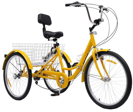 Tagtuell 24 tums vikbar trehjuling för vuxna, trehjuling seniorer, vuxenhjul 7 växlar 3-hjuls cykel med korg och ljus, vuxen trehjuling, gul