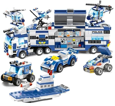 Auspcers 8 en 1SWAT - Kit de construction de police - 762 pièces - Voiture de police - Jouet pour garçons et filles - Avec voiture de police, hélicoptères, bateaux de patrouille aquatique (bleu)