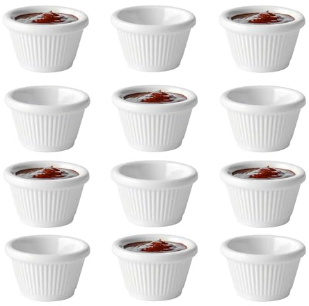 Chabrias Pack of 12 Fluted Traditional Melamine Ramekins Condiment Pots, Sauce Ramekins, Dip Bowls, Tough Plastic Sauce Pots, Made in England (White 2oz)