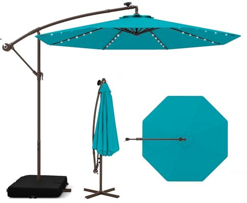 COSTWAY Parasol Déporté 3 x 3M, Grand Parasol de Jardin Extérieur Lumineux Solaire avec 2 Sacs de Sable, Base Croisée, Parasol Inclinable avec Manivelle, pour Balcon Jardin Terrasse Plage (Bleu Clair)