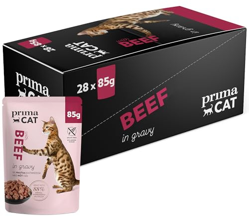PrimaCat – klassiskt våtfoder för katter, smaker nötkött i steksås, 28-pack med 85 g vardera